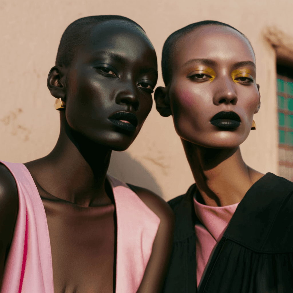 AI image of two beautiful black models with shaved heads