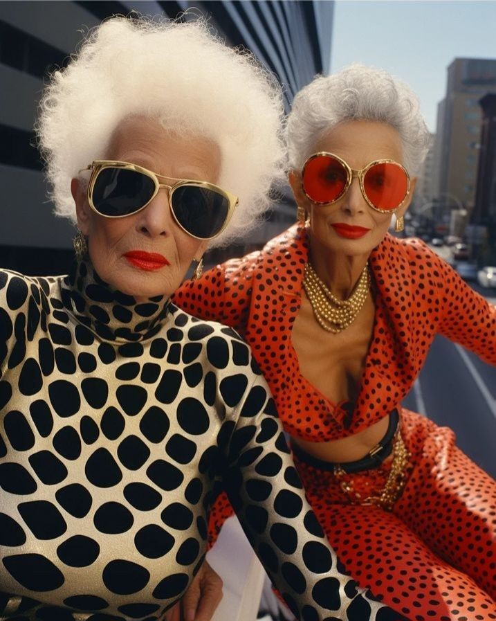 ai generated image of two fashionable cool elderly twin women 