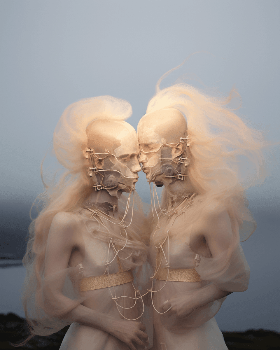 AI conceptual images of two humanoids in a desolate foggy landscape