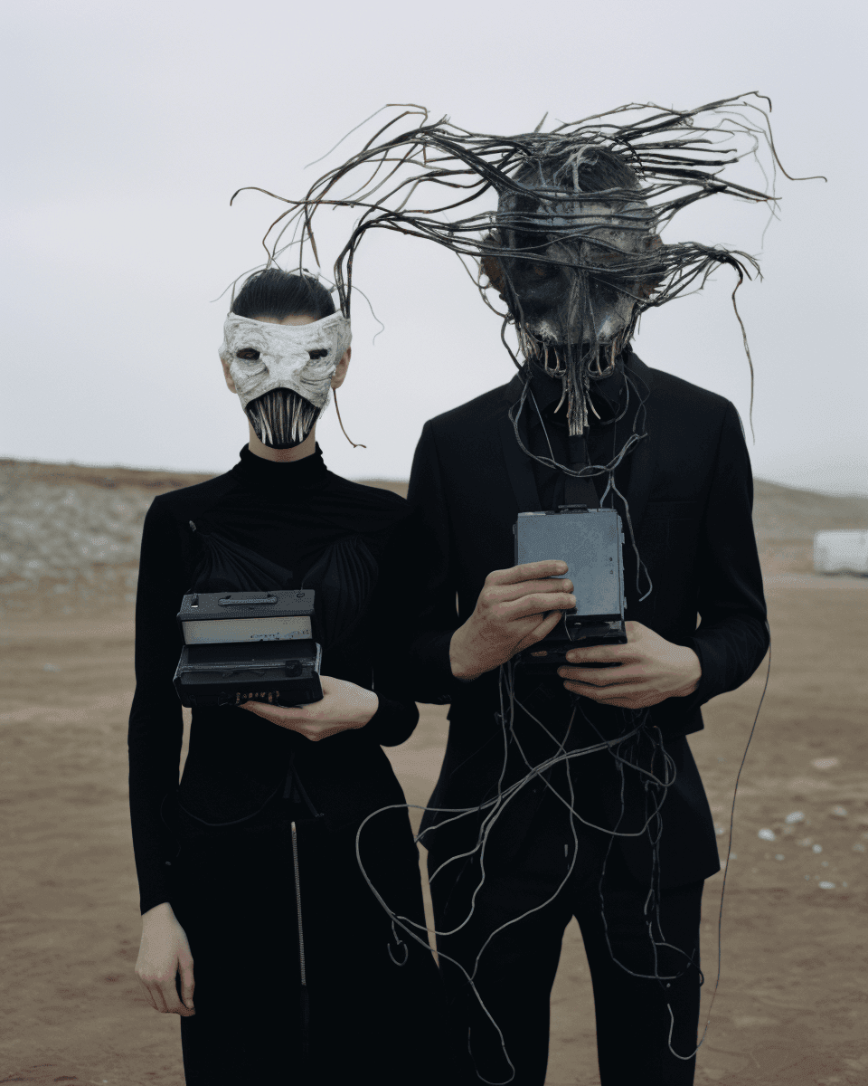 AI conceptual images of two person with electronic elements in face and arms standing in a desolate landscape