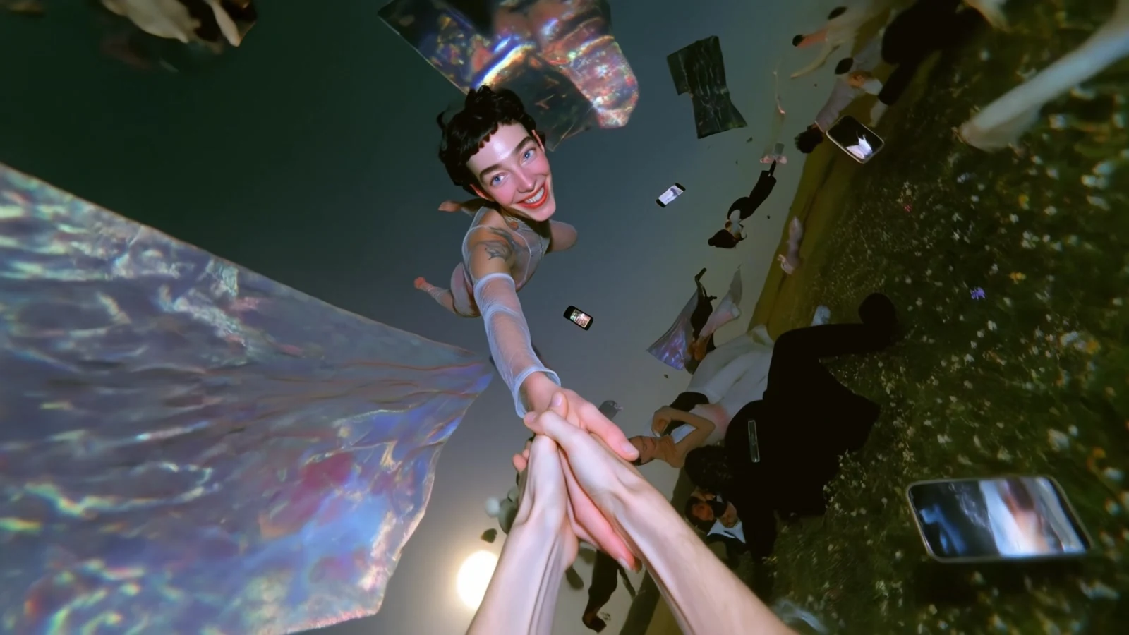 A figure reaching toward the viewer among floating phones and iridescent forms.
