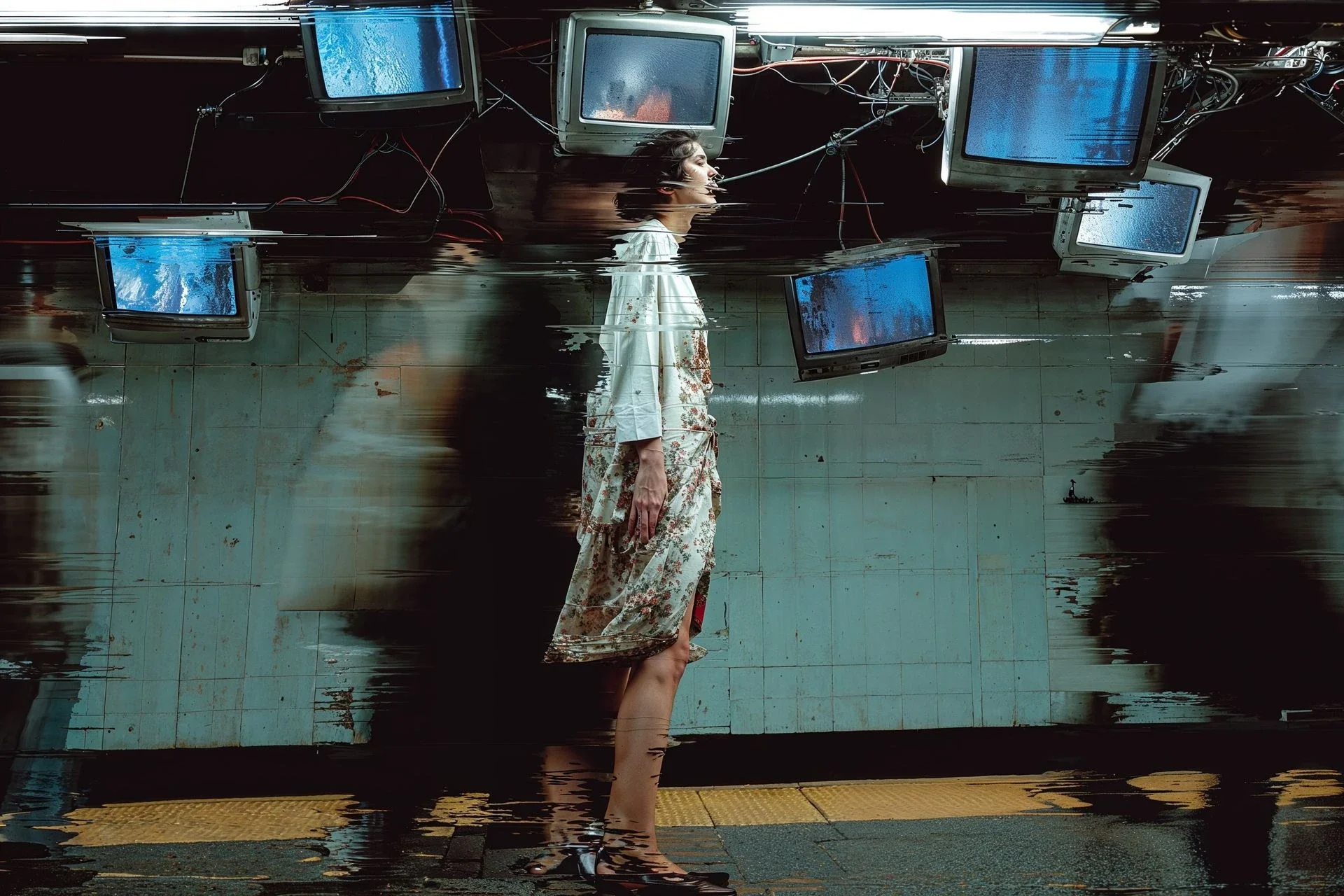 A figure surrounded by television screens