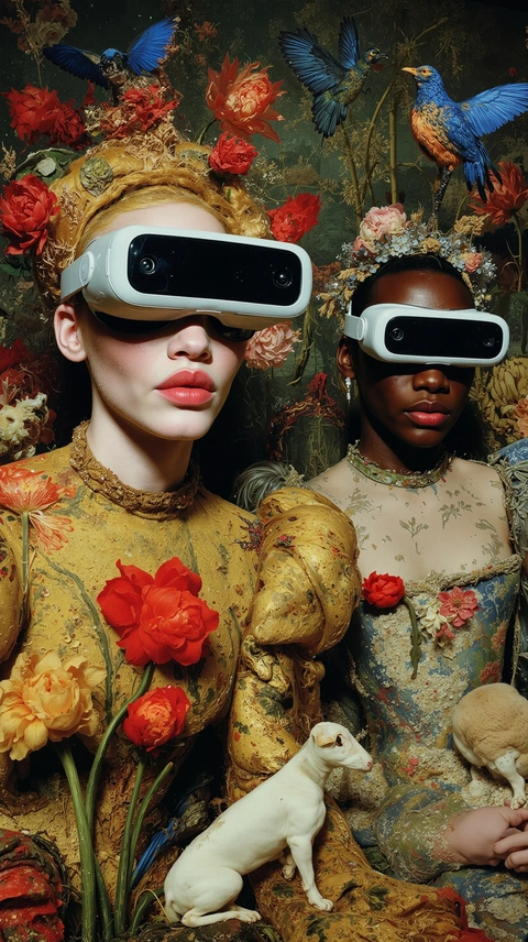 Figures wearing headsets in a garden