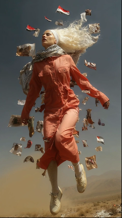 A figure in red among airborne fragments