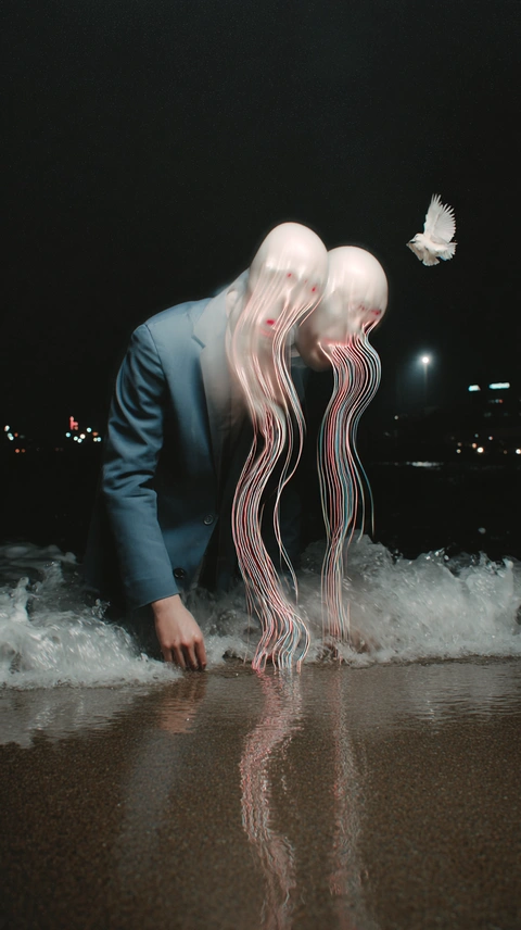 Filament-covered heads above water