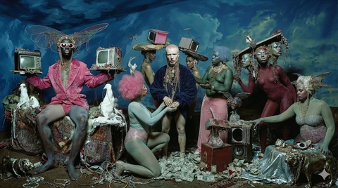 A living room with television-headed figures