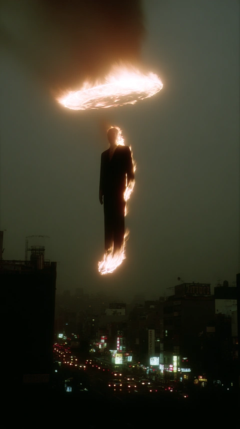 A figure suspended beneath a ring of fire