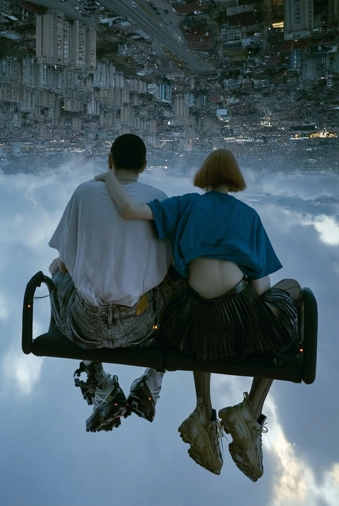 A couple facing an inverted city