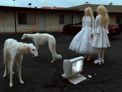 Two figures, animals and a television