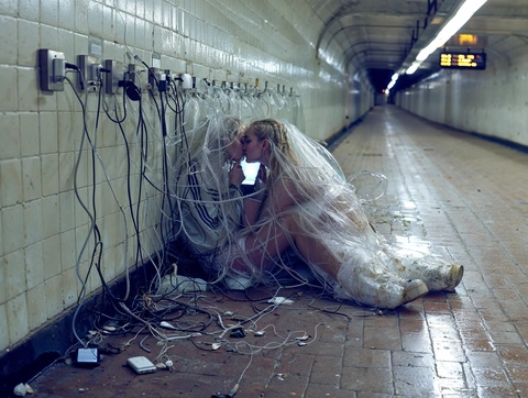 A figure connected to sockets in an underpass