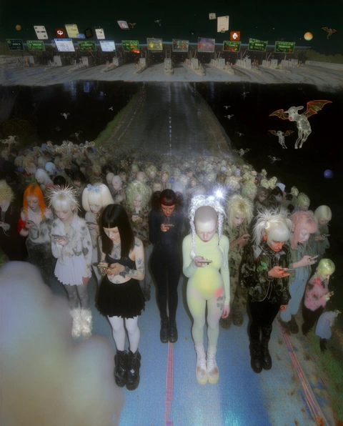 A crowd beneath a suspended structure