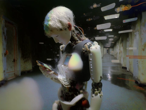 A figure using a phone in a corridor