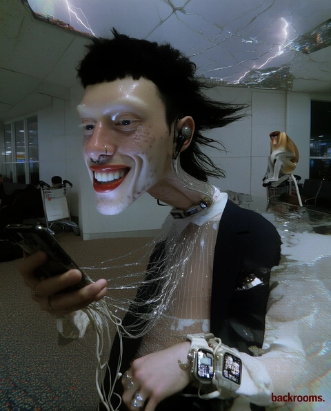 A smiling face and a body connected by cables