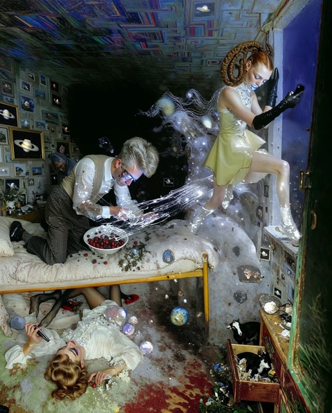 An ensemble of figures, animals and screens