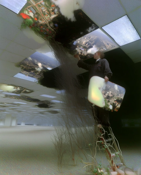 A figure beneath a ceiling of images