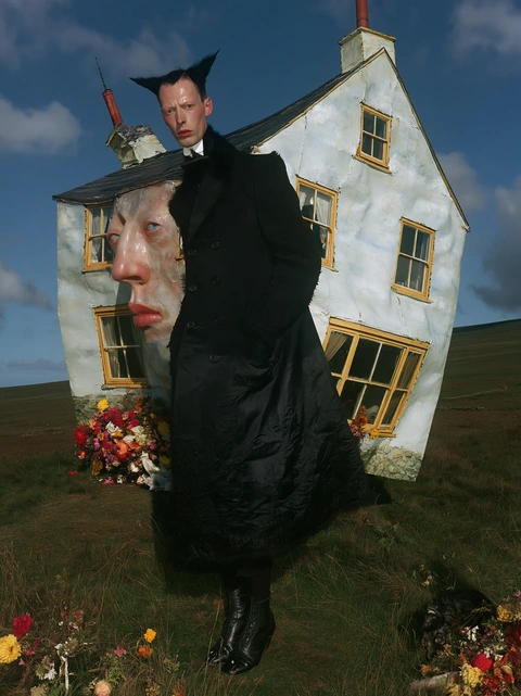 A figure in front of a distorted house