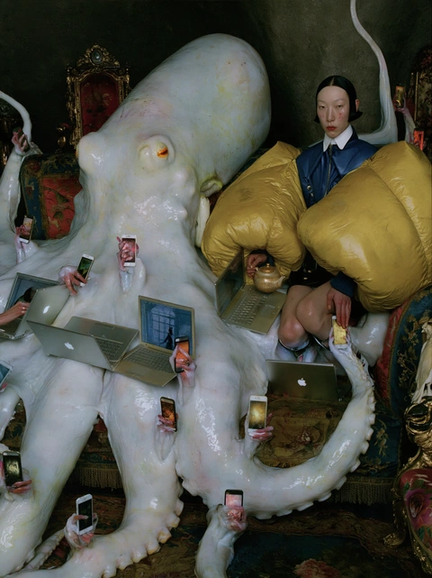 An octopus, hands and devices on a sofa