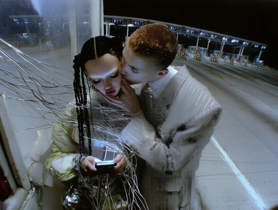 A kiss and a phone at a toll booth