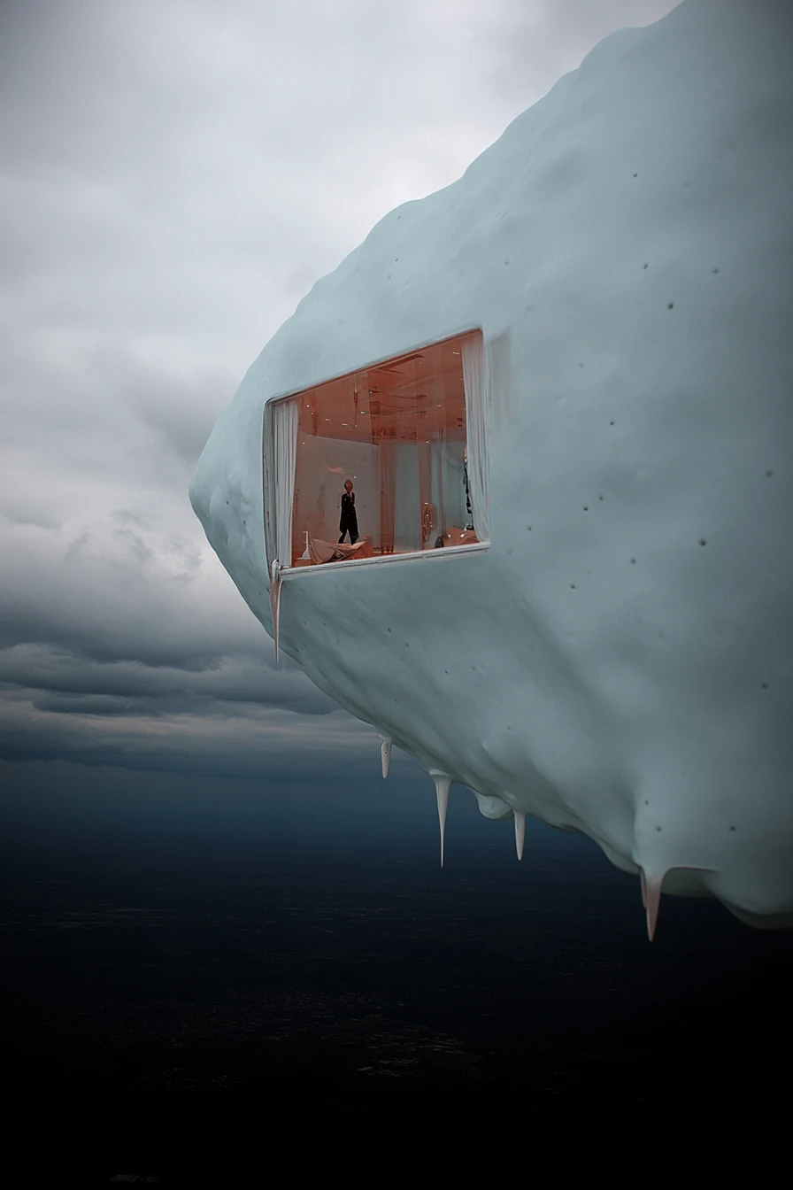 An immense white form rising above the sea, with a pink room embedded inside it; a still from A Tribute to David Lynch.